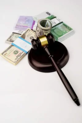 Top View Judge's Gavel And Packs Of Dollars And Euro Banknotes O